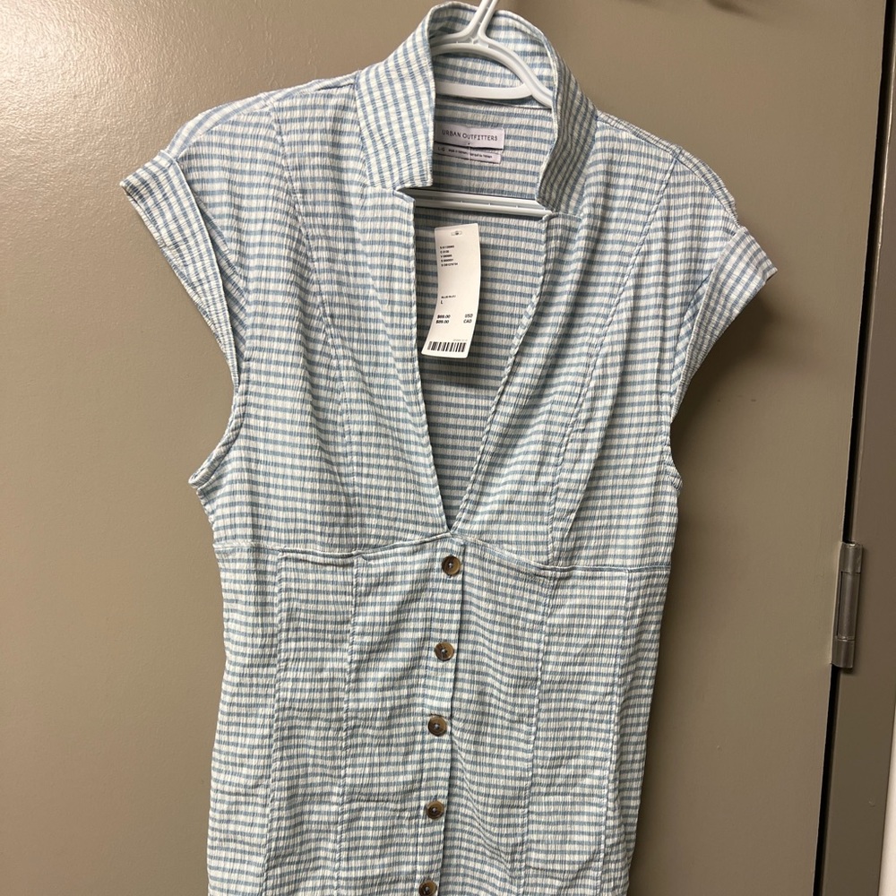 Blue and white gingham button down mini dress